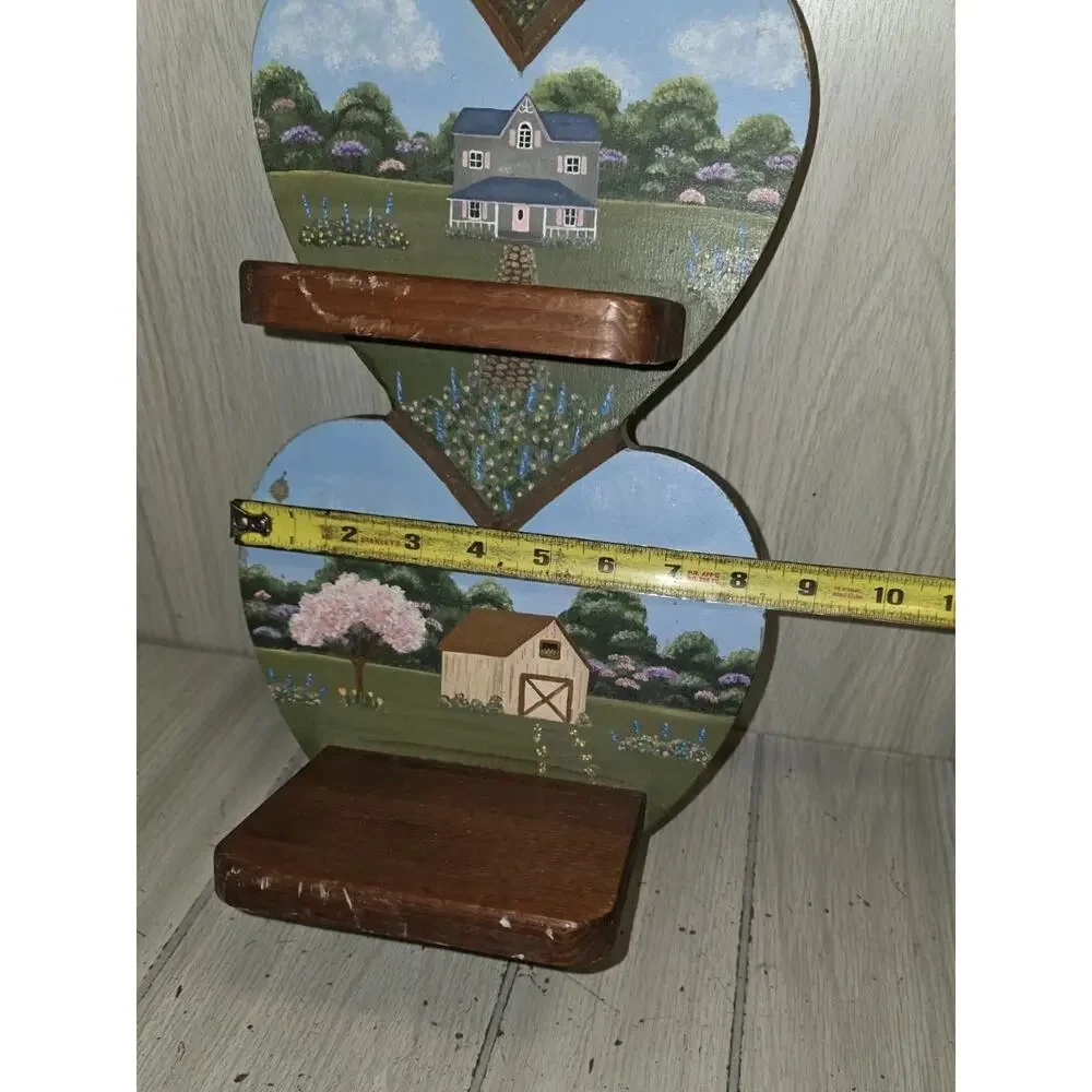 Vintage Handpainted Wood Triple Heart Shelf Country Cottage Scene Beautiful